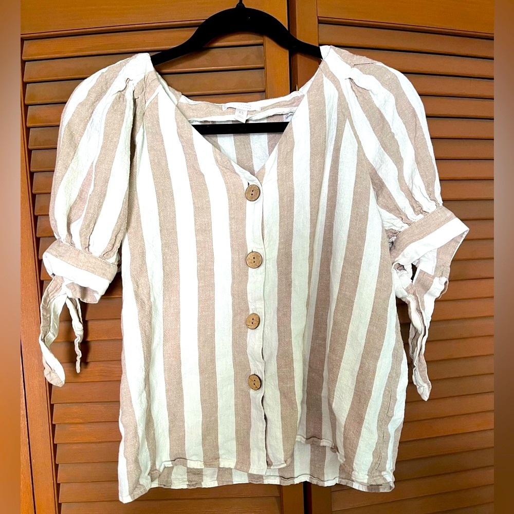 LC Lauren Conrad Tan Boxy Button Down Tie Sleeve Blouse